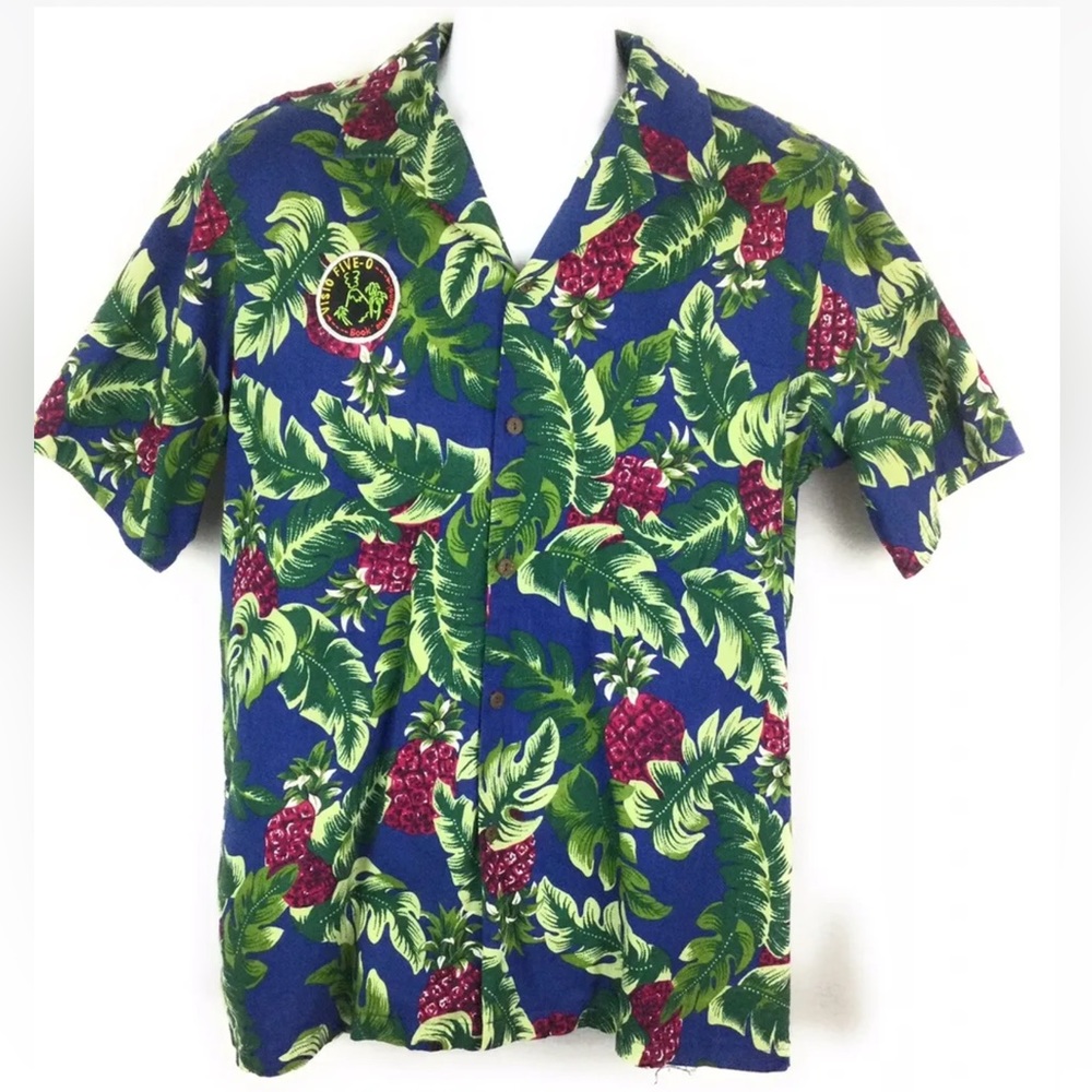 Hilo Hattie Mens Hawaiian Shirt Five-O Vintage Blue Green